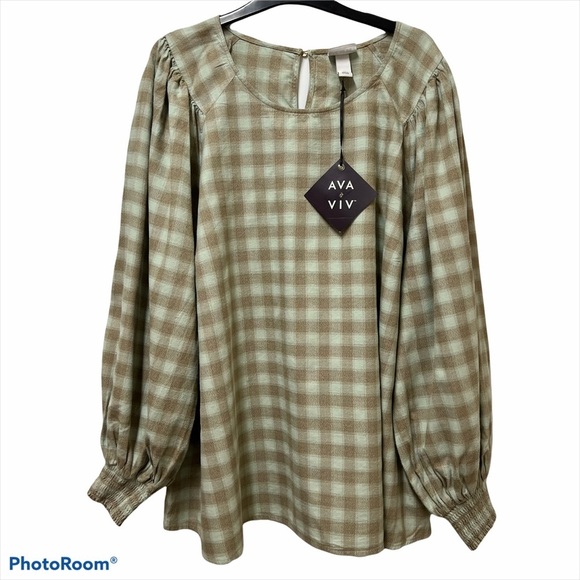 Ava & Viv Plaid Peasant Long Sleeve Blouse - Picture 1 of 4